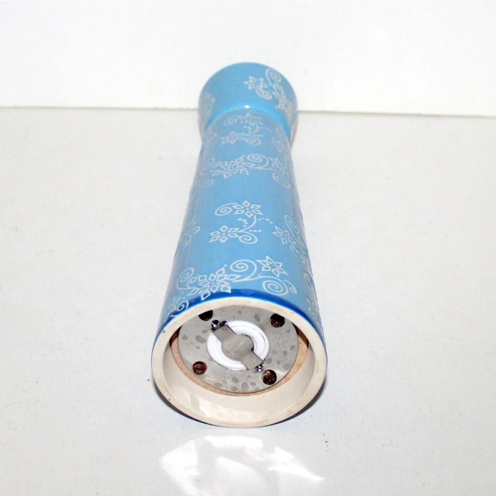 Temptations Pepper Grinder mill ceramic Blue Floral Lace Winter 10” white